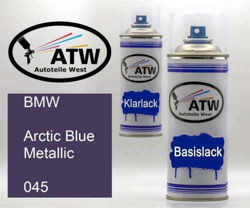 BMW, Arctic Blue Metallic, 045: 400ml Sprühdose + 400ml Klarlack - Set, von ATW Autoteile West.